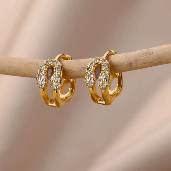 Wholesale Geometric Heartshaped Hollow Earrings Stainless Steel Inlaid With Colored Zircon Gold Edge Button Style Unisex Electroplated