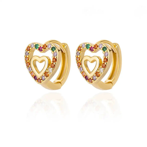 Wholesale Geometric Heartshaped Hollow Earrings Stainless Steel Inlaid With Colored Zircon Gold Edge Button Style Unisex Electroplated
