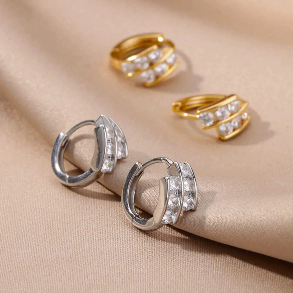 Wholesale Geometric Heartshaped Hollow Earrings Stainless Steel Inlaid With Colored Zircon Gold Edge Button Style Unisex Electroplated