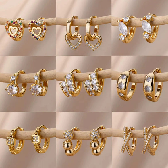 Wholesale Geometric Heartshaped Hollow Earrings Stainless Steel Inlaid With Colored Zircon Gold Edge Button Style Unisex Electroplated