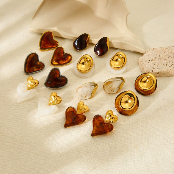 Wholesale Geometric Heartshaped 18K Gold Plated Stainless Steel Amber Resin Earrings For Women