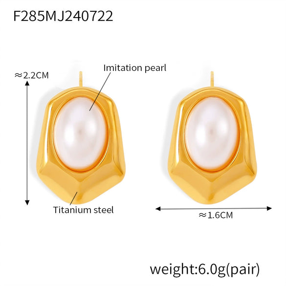 Wholesale Geometric Hexagonal Inlaid Oval Imitation Pearl Earrings 316L Stainless Steel 18K Gold Plated For Women