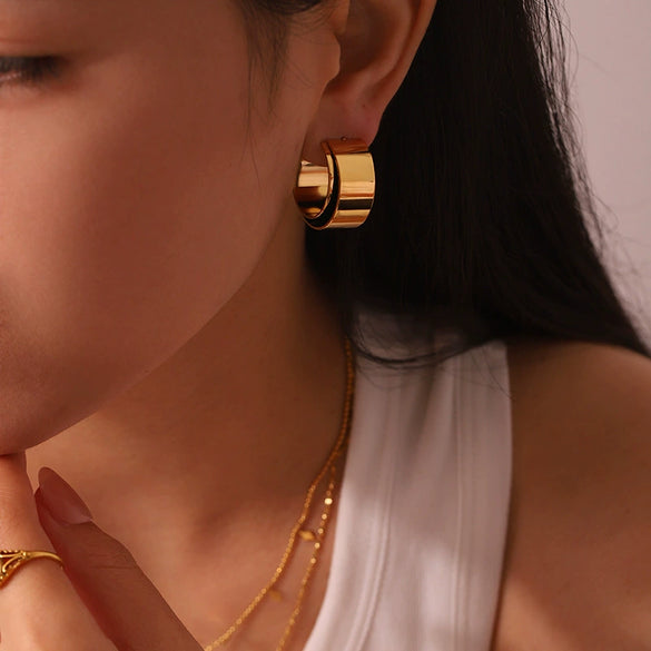 Wholesale Geometric Highpolish 18K Gold Plated Stainless Steel Cshaped Doublelayer Earrings For Women