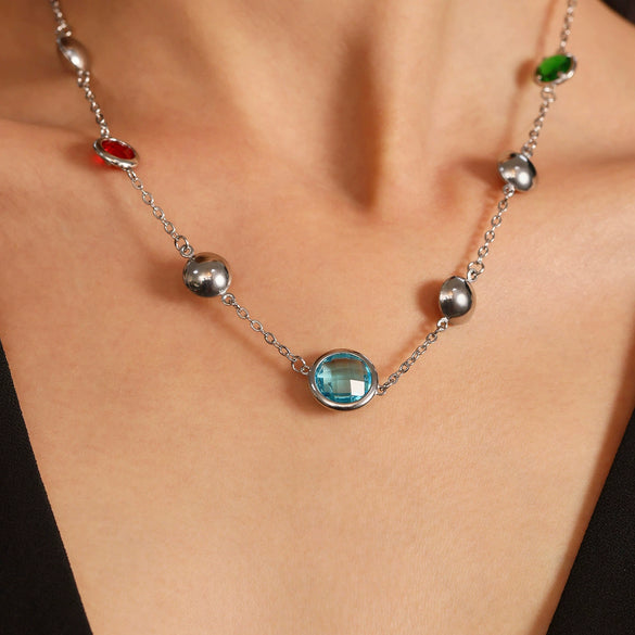 Wholesale Geometric Hollow Circle Splicing Ferris Wheel Design Stainless Steel And Glass Stone Necklace For Women With Electroplating