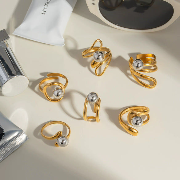 Wholesale Geometric Hollow Design Stainless Steel Bead Ring With Pvd Furnace Vacuum Real Gold Plating Light Luxury And Delicate Jewelry For Unisex