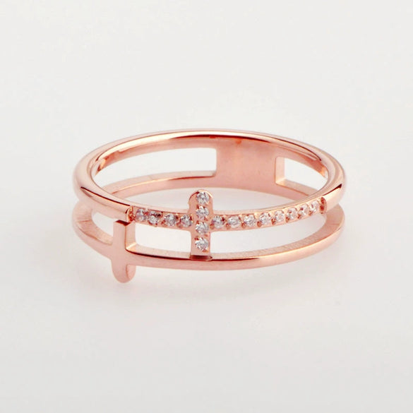 Wholesale Geometric Hollow Double Cross Titanium Steel Ring With Rose Gold Electroplating For Female Hipsters