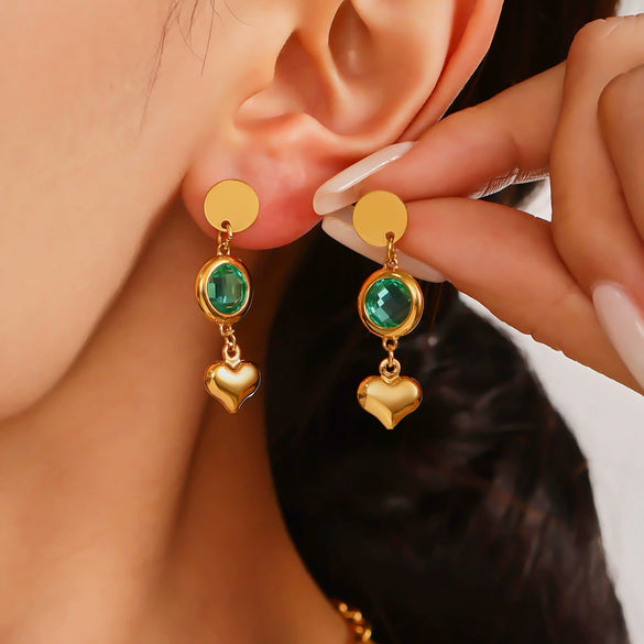 Wholesale Geometric Hollow Heart Tassel Earrings Inlaid With Glass Stone Stainless Steel Electroplated For Women