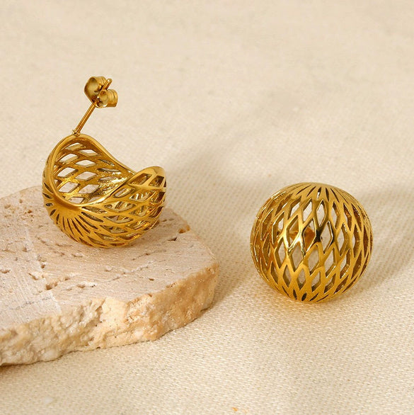 Wholesale Geometric Hollow Hemispherical Stainless Steel 18K Gold Plated Earrings For Women