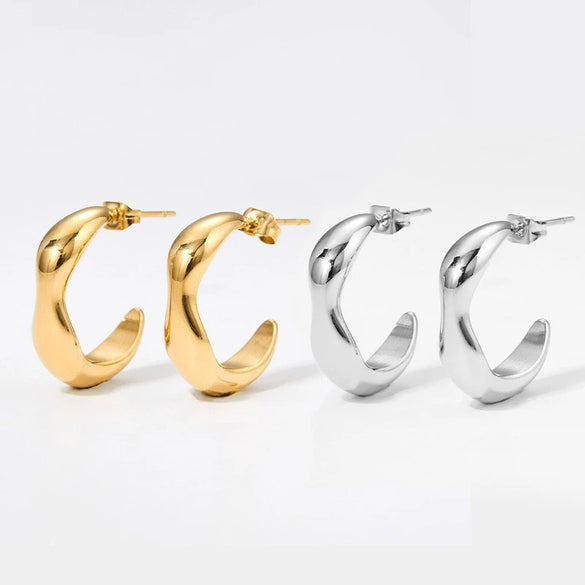 Wholesale Geometric Irregular C Ring Stainless Steel Earrings With Water Ripple Design And Electroplating For Women
