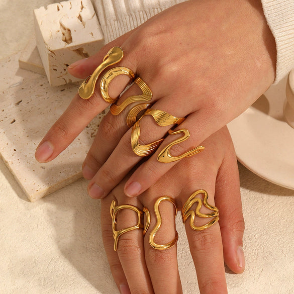 Wholesale Geometric Irregular Opening Stainless Steel Ring With Line Winding 18K Gold Non Fading Electroplated Unisex Niche Style