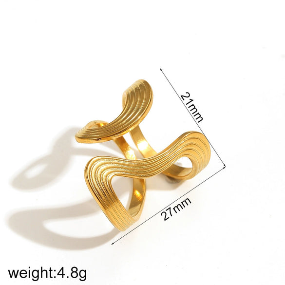Wholesale Geometric Irregular Opening Stainless Steel Ring With Line Winding 18K Gold Non Fading Electroplated Unisex Niche Style