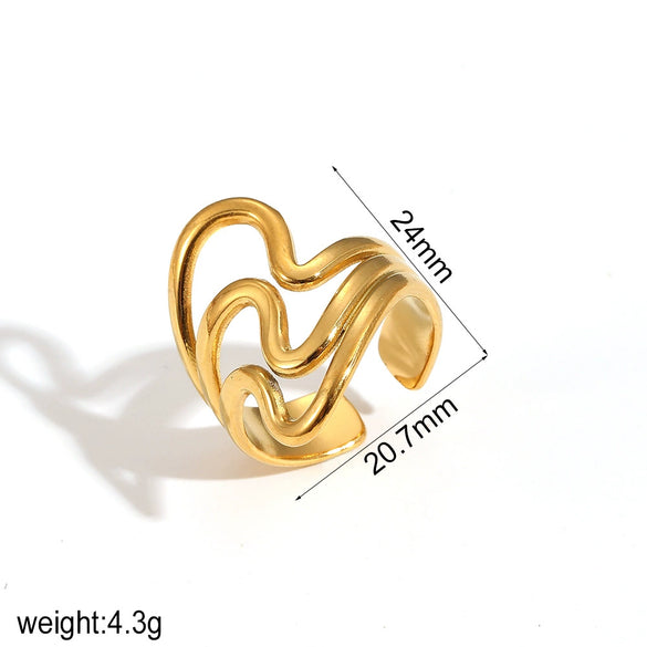 Wholesale Geometric Irregular Opening Stainless Steel Ring With Line Winding 18K Gold Non Fading Electroplated Unisex Niche Style