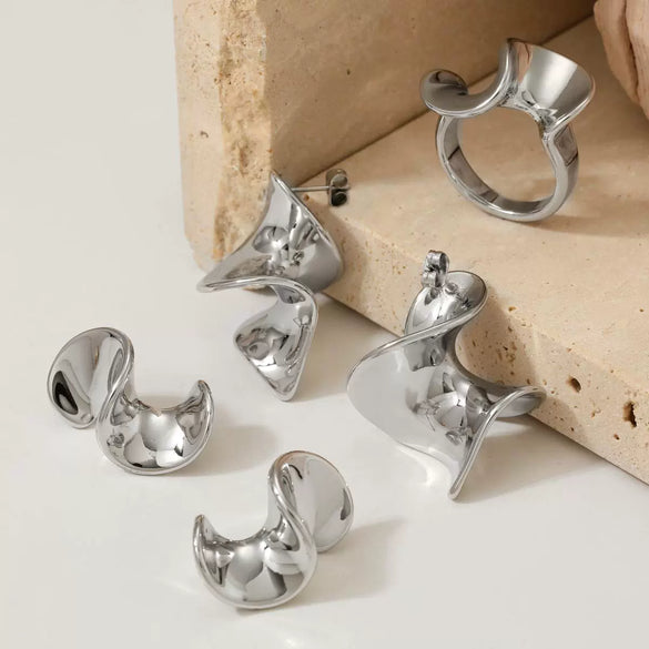 Wholesale Geometric Irregular Ring Earrings Set In Stainless Steel With Electroplating For Women Niche Design Fashionable