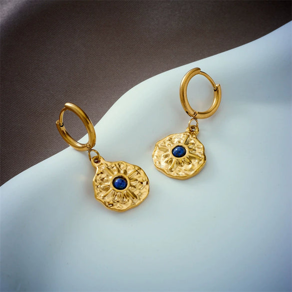 Wholesale Geometric Irregular Round Blue Diamond Sunflower Pendant Earrings Titanium Steel Electroplated For Women