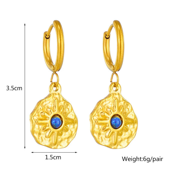 Wholesale Geometric Irregular Round Blue Diamond Sunflower Pendant Earrings Titanium Steel Electroplated For Women