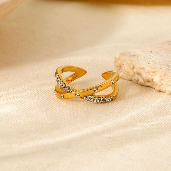Wholesale Geometric 18K Gold Plated Stainless Steel Cross Inlaid White Diamond Open Ring For Women