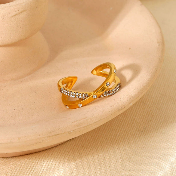 Wholesale Geometric 18K Gold Plated Stainless Steel Cross Inlaid White Diamond Open Ring For Women