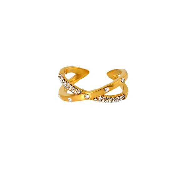 Wholesale Geometric 18K Gold Plated Stainless Steel Cross Inlaid White Diamond Open Ring For Women