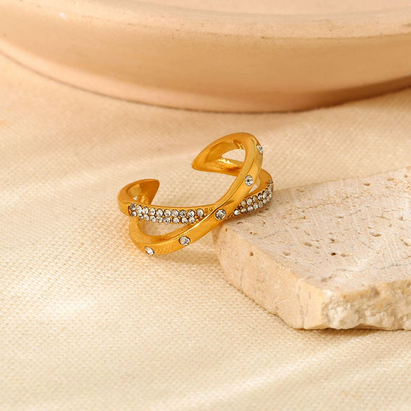 Wholesale Geometric 18K Gold Plated Stainless Steel Cross Inlaid White Diamond Open Ring For Women