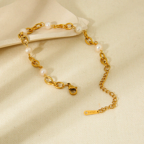 Wholesale Geometric 18K Gold Plated Stainless Steel Freshwater Pearl Bracelet For Women