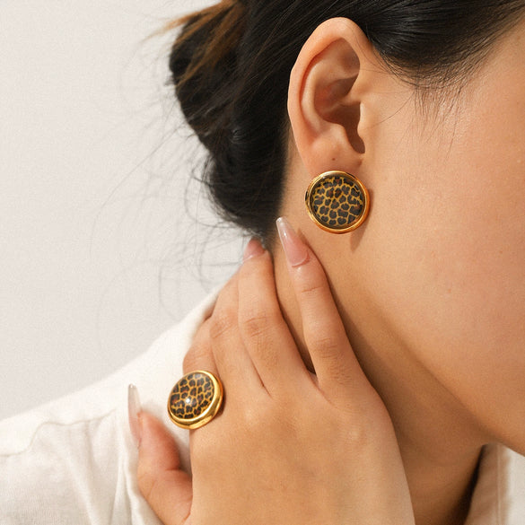 Wholesale Geometric Leopard Print Stainless Steel Gold Plated Earrings And Ring For Women