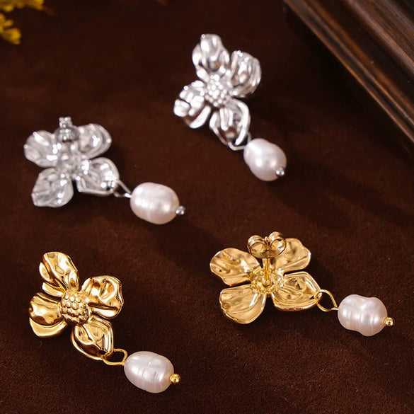 Wholesale Geometric Light Luxury Freshwater Pearl And Titanium Steel Gold Plated Tassel Earrings For Women