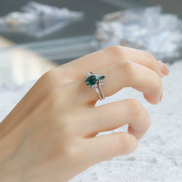 Wholesale Geometric Light Luxury Style Inlaid Zircon S925 Silver Plated 14K Gold Aquagate Twopiece Women's Ring