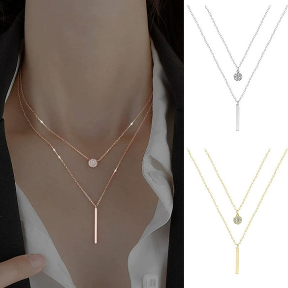Wholesale Geometric Long Double Layer Round Flash Diamond Necklace For Women Alloy Material With Electroplating Process Simple And Fashionable