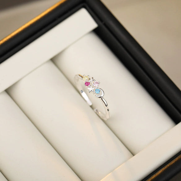 Wholesale Geometric Microinlaid Colored Zirconium Star And Moon Open Ring Copper Plated Real Gold For Women