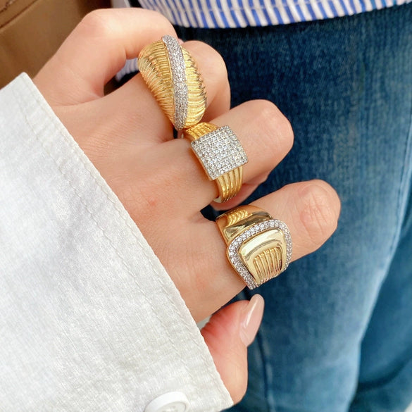 Wholesale Geometric Microinlaid Zircon Adjustable Opening Ring Copper Plated 18K Gold Fashion Jewelry