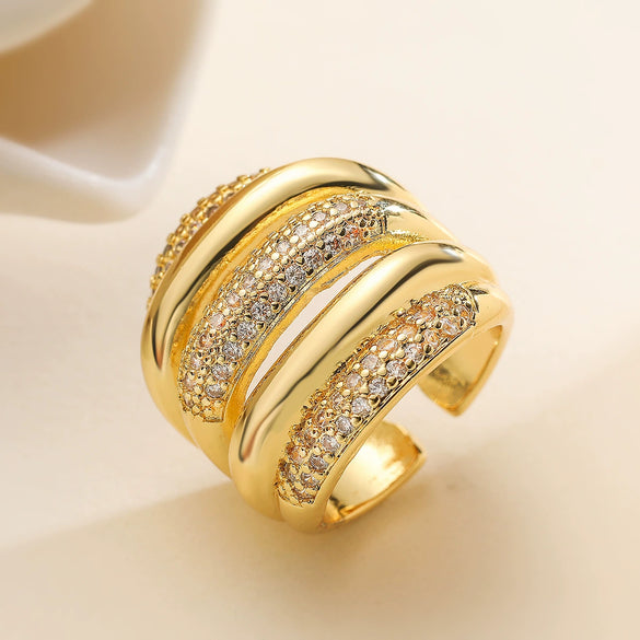 Wholesale Geometric Micropaved Copper 18K Gold Plated Zircon Opening Ring For Women