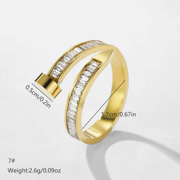 Wholesale Geometric Open Nailshaped Stainless Steel Ring Inlaid With Diamonds Electroplated Jewelry For Unisex