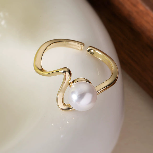 Wholesale Geometric Opening Ring Copper Plated 18K Gold Zircon Pearl Women's Design Sense Niche Advanced