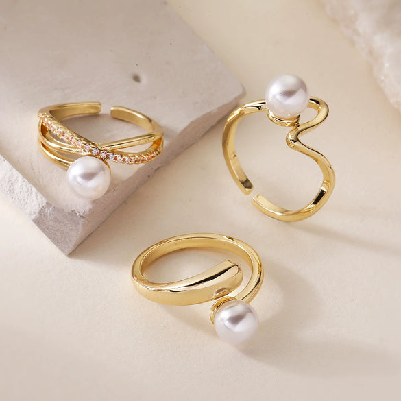 Wholesale Geometric Opening Ring Copper Plated 18K Gold Zircon Pearl Women's Design Sense Niche Advanced