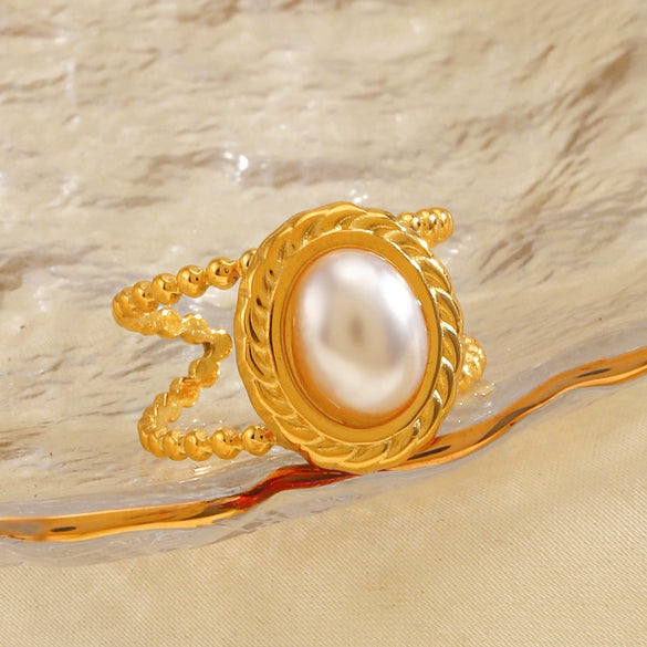 Wholesale Geometric Oval Pearl Inlaid Stainless Steel Ring For Women Electroplated