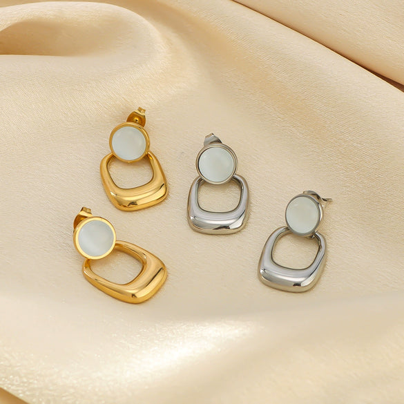 Wholesale Geometric Pattern Opal Pendant Stitching Earrings 18K Gold Plated Stainless Steel Double Layer Women's Earrings