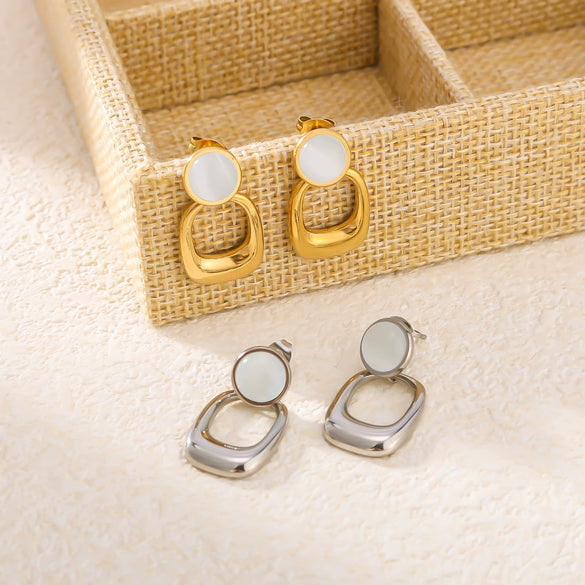 Wholesale Geometric Pattern Opal Pendant Stitching Earrings 18K Gold Plated Stainless Steel Double Layer Women's Earrings