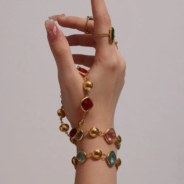 Wholesale Geometric Patterned 316L Stainless Steel 18K Real Gold Plated Czech Glass Women's Fashion Bracelet Jewelry