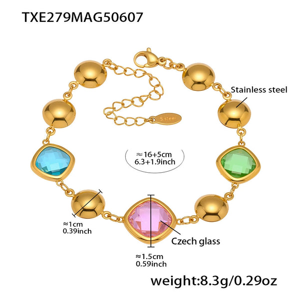 Wholesale Geometric Patterned 316L Stainless Steel 18K Real Gold Plated Czech Glass Women's Fashion Bracelet Jewelry