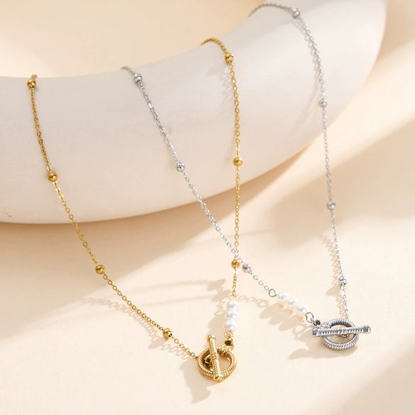 Wholesale Geometric Pearl Pendant Necklace In Stainless Steel With 18K Gold Electroplated Ot Clasp For Women