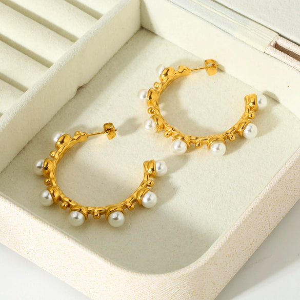 Wholesale Geometric Pearlencrusted Cshaped Stainless Steel 18K Gold Plated Earrings For Women