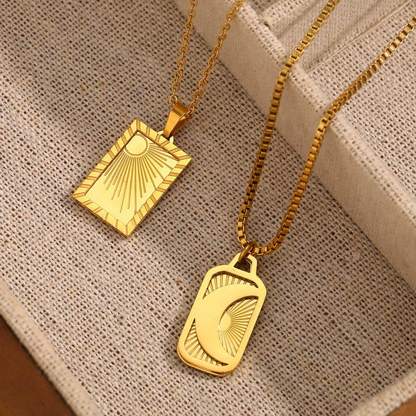 Wholesale Geometric Pendant Necklace For Women Stainless Steel 18K Gold Plated With Carved Moon Sun Design Electroplated