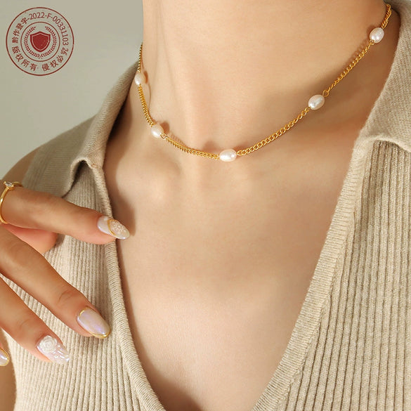 Wholesale Geometric Personality Freshwater Pearl Spliced Titanium Steel Gold Plated Necklace For Women