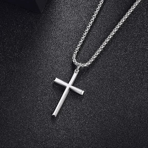 Wholesale Geometric Polish Titanium Steel Cross Pendant Necklace With Square Pearl Chain Unisex Fashion Jewelry