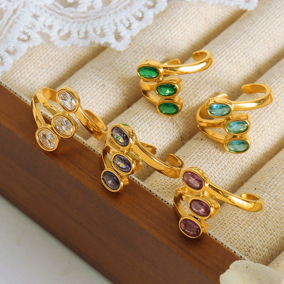 Wholesale Geometric Retro Small Color Glass Stone Inlaid Layered Stitching Electroplated Titanium Steel Open Ring Unisex