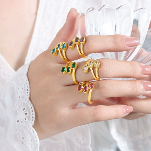 Wholesale Geometric Retro Small Color Glass Stone Inlaid Layered Stitching Electroplated Titanium Steel Open Ring Unisex