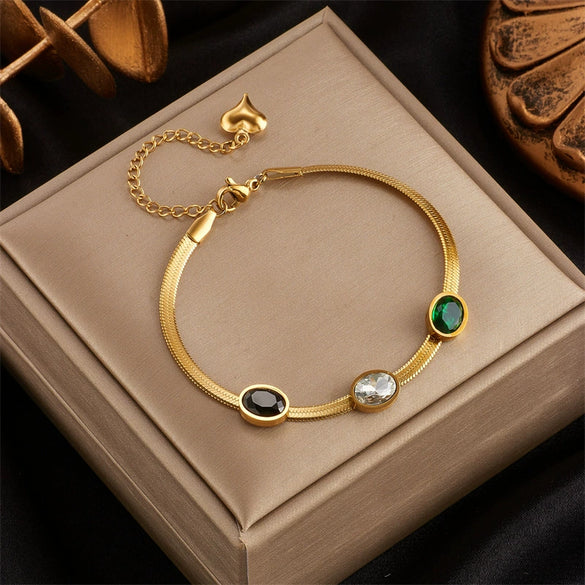 Wholesale Geometric Retro Style Green White Diamond Titanium Steel Blade Chain Electroplated Bracelet For Women