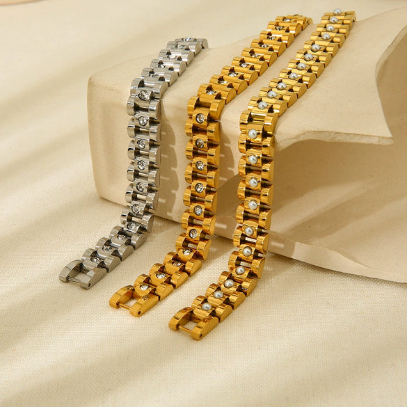 Wholesale Geometric Rhinestoneencrusted Imitation Pearl 18K Gold Plated Stainless Steel Bracelet For Women