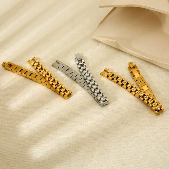 Wholesale Geometric Rhinestoneencrusted Imitation Pearl 18K Gold Plated Stainless Steel Bracelet For Women