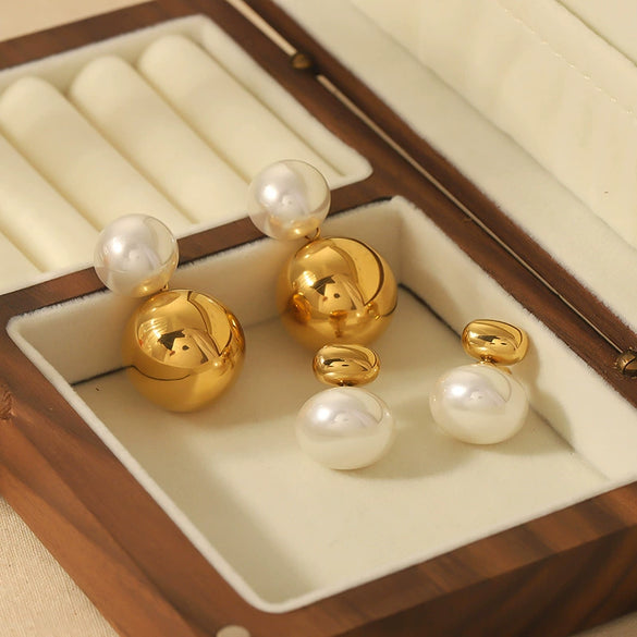 Wholesale Geometric Round Cshaped Stainless Steel Diamondencrusted Pearl Earrings Plated With 18K Gold For Women